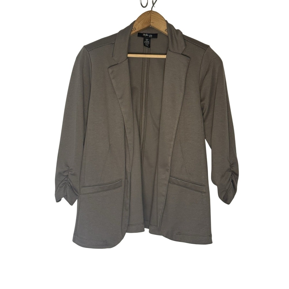 Style & Co. Taupe Single-Button Relaxed Cotton Blazer w/ Ruched Arms Size PM
